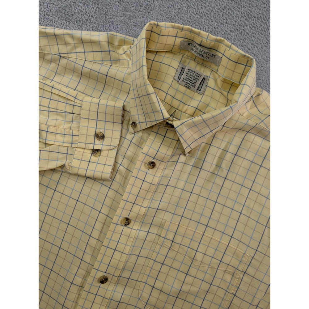 LL Bean Mens L Yellow Tattersall Plaid Button Down Shirt Wrinkle Resistant